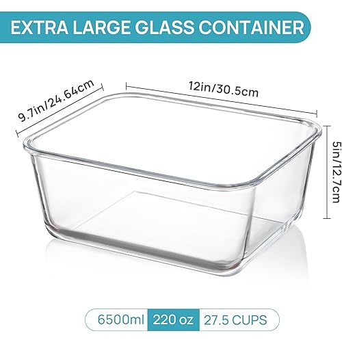 Vtopmart 6.5L/ 220oz/ 27.5cup Extra Large Glass Food Storage Containers with Snap Airtight Lids for Roasting Turkey, Rotisserie Chicken, Baking, Watermelon Storage, BPA Free, Oven Safe, Dishwasher