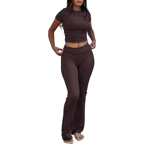 Women's 2 Piece Lounge Outfits Slim Short Sleeve Tops Low Rise Flare Leggings Sets Yoga Sweatsuit