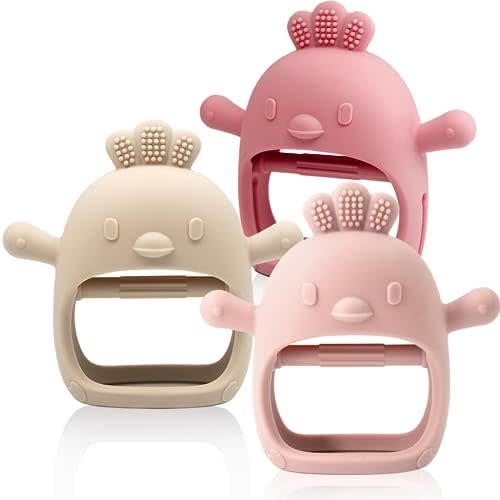 3 Pack Baby Teething Toy Silicone Teething Mitten for Babies Over 3 Months Anti Dropping Wrist Hand Teethers Baby Chew Toys for Sucking Needs, BPA Free (Pink, Caramel & Coral Red)