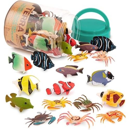 Terra by Battat – 60pcs Tropical Fish & Crab Toys – Mini Plastic Ocean Animal Figurines for Kids – Realistic Sea Creatures in Tube – Sensory Educational Playset for Toddlers Ages 3+