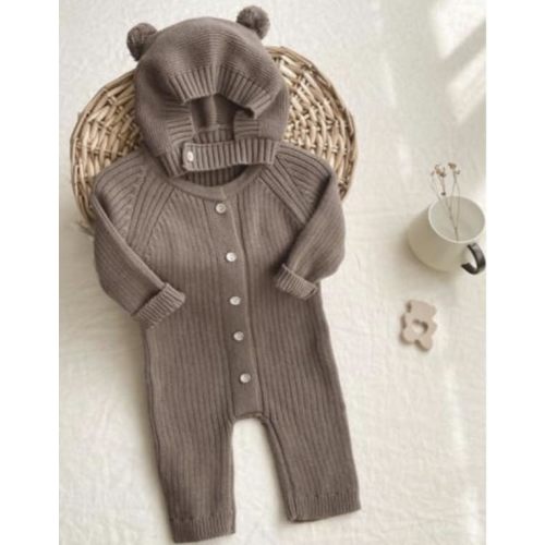 Baby Knitted One Piece Suit (Brown, 3-6 Months) | Adorable Hat, Gift, Birthday Shower, Photo