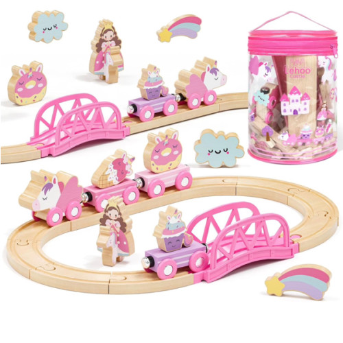 Lehoo Castle Pink Unicorn Wooden Train Set