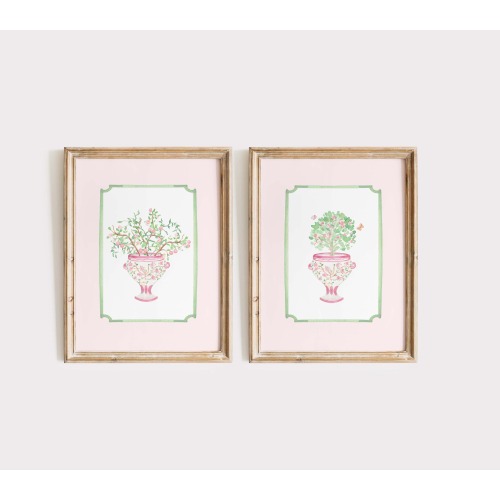 Set of 2 Chinoiserie Floral Prints, Pink and Green Wall Art, Grandmillennial Botanical Prints, Coquette Room Decor, Chinoiserie Nursery