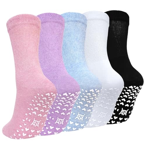 CaiDieNu Non Slip Socks for Women: Non Skid Grip Socks for Elderly Hospital | Non Binding Grippy Crew Slipper Socks for Pregnant & Daily Wear, Wide Grippers Prevent Falls, Great Gifts for Seniors & Mom