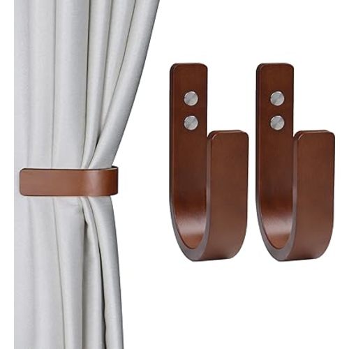 OCIOLI 2 Set Curtain Tiebacks & Holdbacks - Natural Wood Wall-Mounted U-Shaped Hooks with Stainless Steel Screws, Durable Curtain Tie Backs, Pull Backs for Drapery & Window Decor (Coffee, 2)