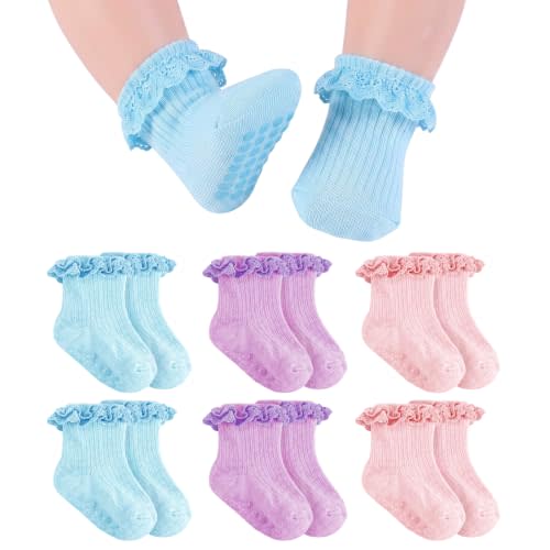 Baby Girl Ruffle Socks with Grips Soft Cotton Non Slip Ankle Socks | Frilly lace dress socks with anti-skid grips, breathable cotton footwear for newborn infants crawling, walking, church