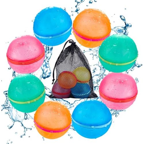 Reusable Water Balloons with Mesh Bag, Latex-Free Silicone Quick Self-Sealing Water Splash Bomb for Kids Adults Water Game, Bath Toy, Pool Toy, Summer Party Supplies (8PCS)
