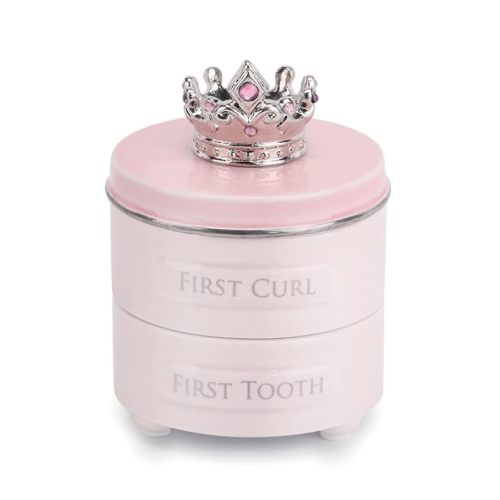 DEMDACO Pink Princess Crown First Tooth and Curl Keepsake Box, Ceramic