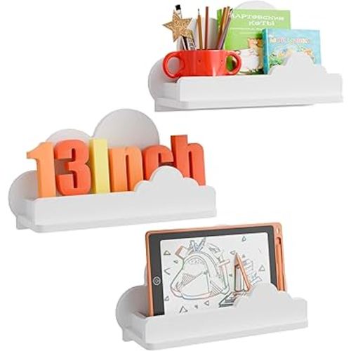 Cloud Shelves for Kid’s Room, 13’’ Long Nursery Wall Deor Set of 3, White Cloud Bookshelf Floating Shelf, Figure Shelf Wall Mounted, Cute Decorative Cloud Wall Shelf for Toys, Plants & Storage