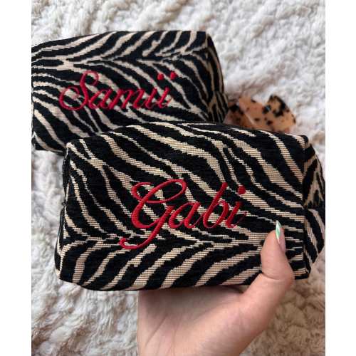 Custom Zebra Makeup Bag Embroidered - Personalized Embroidered Travel Bag, Animal Print Bag, Zebra Bag