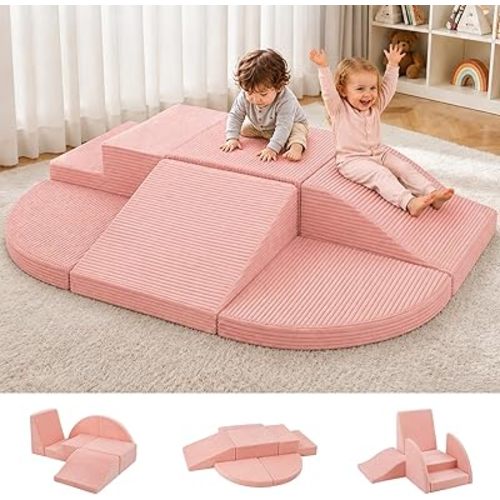 6-Piece Kids Climbing Foam Blocks, Baby Foam Climbing Blocks, Corduroy Non-Slip Surface, Soft Toddler Play Equipment for Active Climbing & Building, Indoor Gross Motor Skill Development, Pink