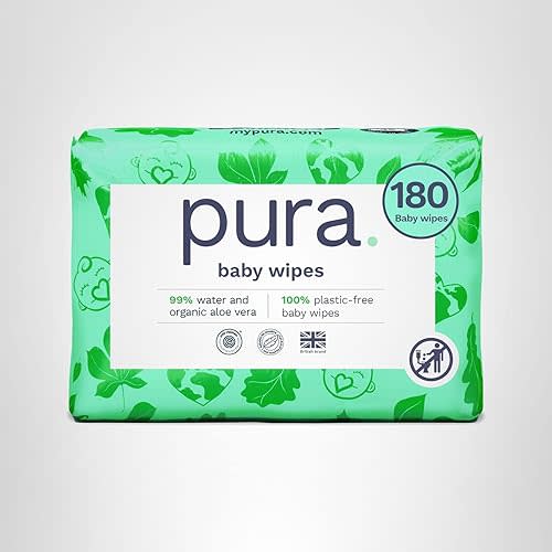 Pura Natural Sensitive Baby Wipes, 99% Water, Unscented & Hypoallergenic, Suitable for Sensitive & Eczema-prone Skin, Fragrance Free & Hypoallergenic, EWG Verified, 3 x 60 per pack (180 Wipes)