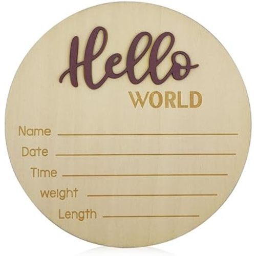 Baby Announcement Sign, 5.9 Inch Round Wooden Name Sign, Newborn Welcome Baby Sign with Hello World Newborn Sign for Newborn Photo Props Hospital Nursery Baby Shower (Brown)