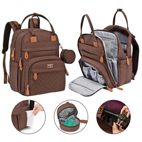 BabbleRoo Diaper Bag Backpack Stylish 26L Hands Free Baby Bag with Changing Pad, Stroller Straps & Water-Resistant, Brown, Large