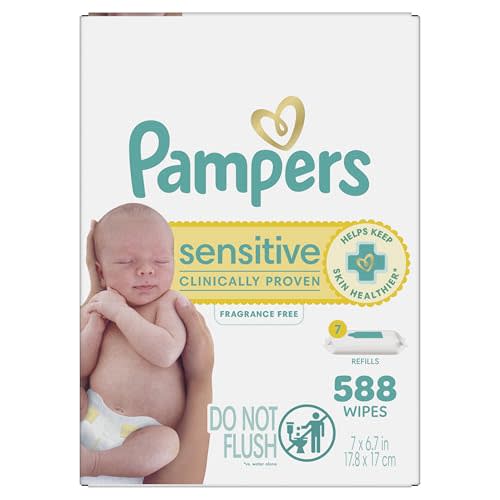 Pampers Baby Wipes Sensitive, Water Based Wipes, Hypoallergenic and Unscented for Babies, 588 Wipes Total (7 Refill Packs)