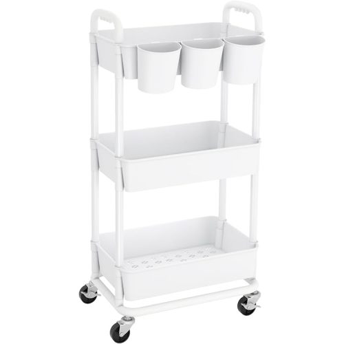 JIUYOTREE 3-Tier Plastic Rolling Storage Cart Utility Cart with Extra Hanging Cups Handles Lockable Wheels for Living Room Bathroom Kitchen Office White