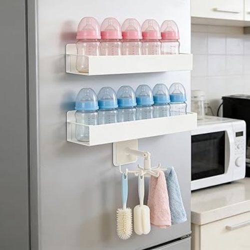 2 Pack Magnetic Baby Bottle Organizer for Refrigerator, Space-Saving Metal Storage Rack with Rotating Hook, Strong Magnetic Shelf for Bottles, Pacifiers, Brushes, Nursery or Kitchen Use