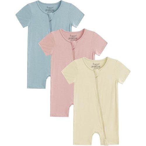 Jimonda Boys Baby Girls Short Sleeve Romper Unisex Baby Footless Pajamas With Viscose 2-Way Zipper Front 3Pcs0-24Months