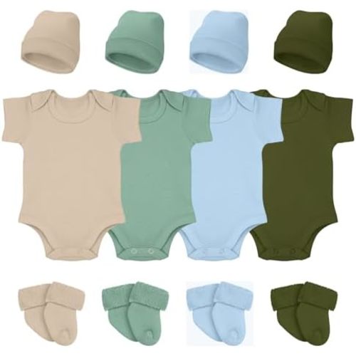 Glitopper 4 Pack Preemie Newborn Layette Set Baby Bodysuit Clothes Hat Bodysuit Socks Set for NICU Newborns