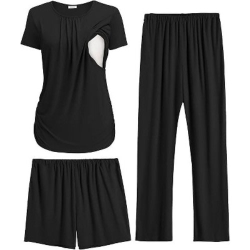 Ekouaer Maternity Nursing Pajamas Set 3 Piece Postpartum Lounge Breastfeeding Pjs Pregnancy Shorts & Pants Black M