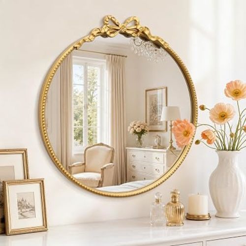 Besdomus Gold Round Bow Mirror: 27" Vintage Circle Bathroom Vanity Mirror