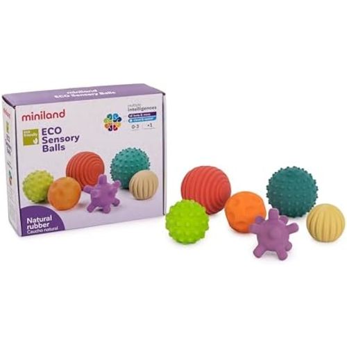 Miniland Sensory Balls, Babies Birth to Toddlers Age 4, Natural Rubber Latex, Soft Teething Toys, Easy Grip Play, Textured, Colors Multi-Sensory Stimulation, Motor Skill Development