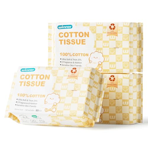 Winner 100% Cotton Dry Wipes, USDA Certified Baby Wipes, 33% Thicker & Ultra Soft, Hypoallergenic & Unscented for Baby Sensitive Skin, Wet/Dry for Diaper Changes, Meals & Cleanup, Pack of 3, 240 pcs