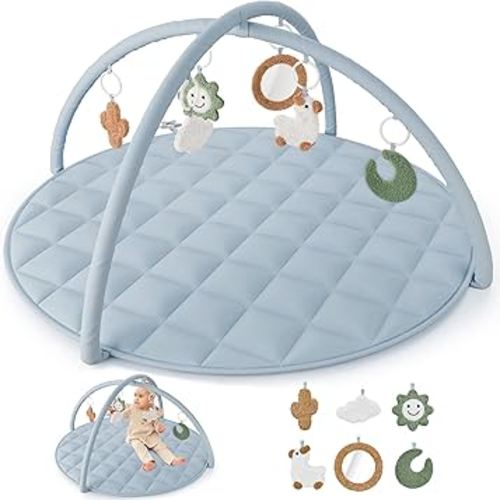 Beautiful Baby Play Gym and Tummy Time Mat - Soft Cotton Mat with 6 Cute Toys Creates The Perfect Activity Area for Your Girl/Boy - Stylish Infant Floor Playmat Fits Nicely with Any Playroom Decor