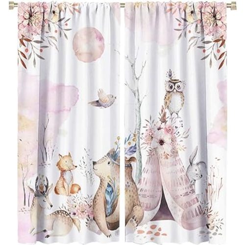 Forest Animal Curtains for Kids, Pink Watercolor Woodland Animal Window Treatments Fox Deer Owl Wildlife Safari Jungle Bear Window Drapes for Girls Nursery Toddler Bedroom 42x63in