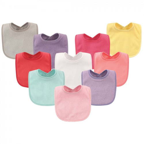 Hudson Baby Girl's 10pk Absorbent Drooler Bibs with Waterproof Lining and Velcro Neck Back Closure, Pink