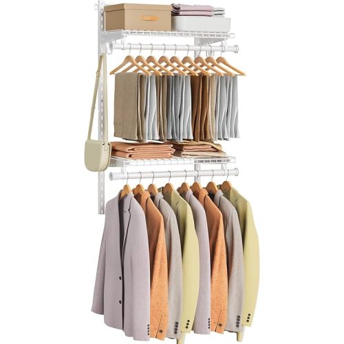 SONGMICS HOME Closet System, Closet Insert Organizer, 2 ft, Adjustable Metal Shelving Unit with 2 Hanging Rods, 2 Shelves, and Hooks, for Pantry Mudroom Garage Basement, Cloud White URGR030W01