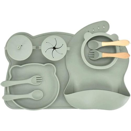 Ecofriendly Baby feeding set Dinnerware Led Weaning Set 10pcs Silicone Bib Dinner Mat Suction Plate Bowl Feeding Baby Set (Green)