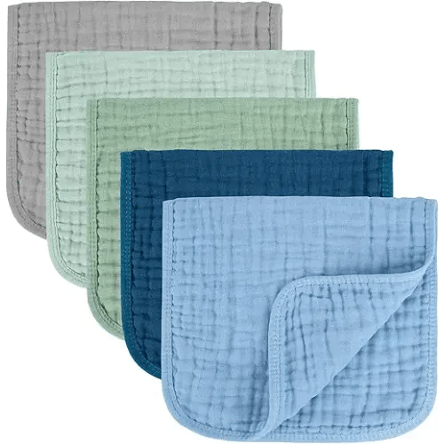 MIGIOL Baby Burp Cloth 100% Cotton Newborn Cotton Muslin Burp Cloth 10x20 inches (Blue & Green 5 Pieces)
