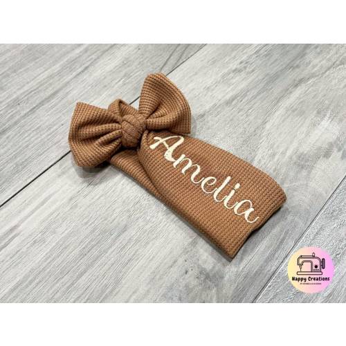 Baby Girls Headband with Name - Waffle Knit -  Baby Headwrap Personalized -  Embroidered Baby Headband - Newborn Bow - Baby Take Home Outfit
