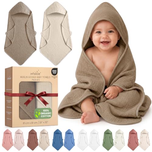 100% Organic Cotton 2 PK Muslin Baby Hooded Towel Toddler 32x32 in | Oeko-TEX Certified, Bath & Hooded Towels, Baby Towel, Pink Bath Towels, Olive/Ivory Unisex Design, Lightweight