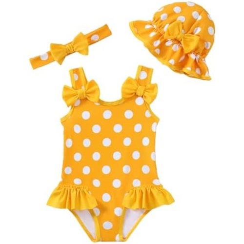 Baby Girl Swimsuit Infant One-Piece Bathing Suit Cute Summer Beach Tankini Bikini Ruffle Bow Toddler Swimwear with Hat