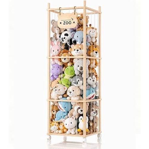 Stuffed Animal Storage, Stuffed Animals Organizer Holder Zoo, 53.54" Large Wooden Plushies Storage with Wheels, Stuffed Animal Cage for Playrooms, Bedrooms, Living Room