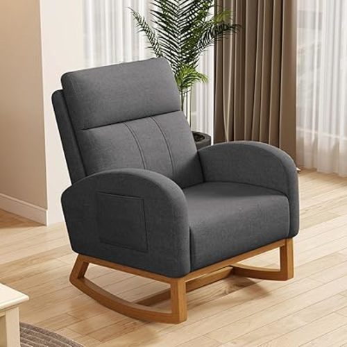 Gaussen Glider Rocking Chair Nursery Comfy Accent Chair with High Backrest Upholstered Living Room Chairs with Pocket Armchair Reading Chair for Bedroom Office (Grey)