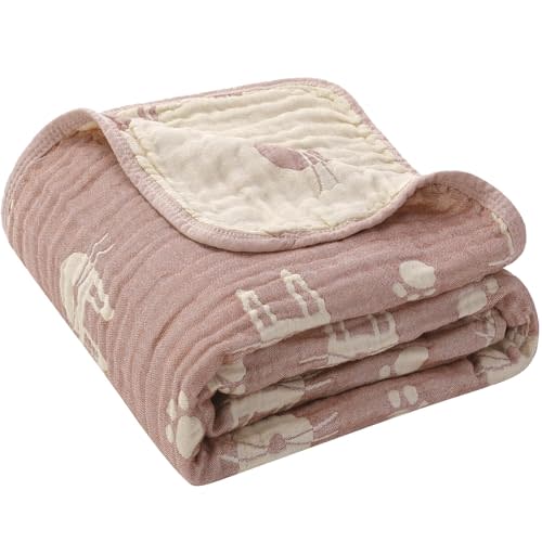 6-Layer Muslin Baby Blanket Made with Organic Cotton - Cute Bunny Rabbit Jacquard Swaddle & Crib Quilt, 43”x 43”,Blush Pink Bunny