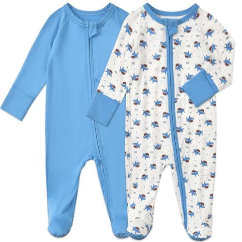 Aablexema Baby Footed Coverall Pajamas with Mittens Rayon from Bamboo 2pcs Newborn Infant 2-way Zipper Outfit