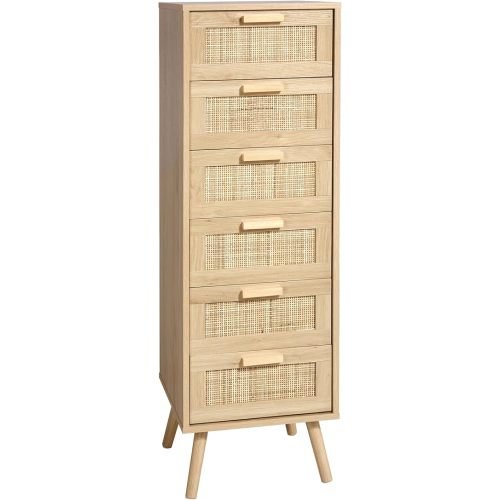 Finnhomy Rattan Dresser for Bedroom, Tall Dresser with 5 Hand Made Rattan Decorated Drawers, Small Chest of Drawers for Living Room, Closet, Hallway, Natural