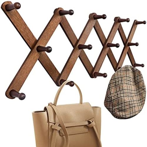 OROPY Wooden Expandable Coat Rack Hanger, Wall Mounted Accordion Pine Wood Hook for Hanging Hats, Caps, Mugs, Coats, X Shape, 27"×10", Walnut Color