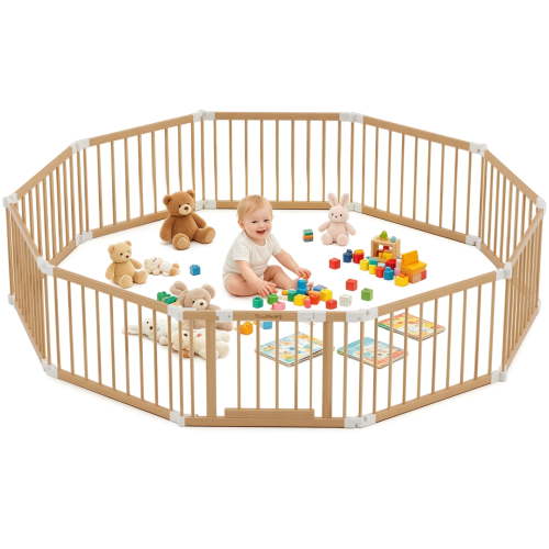 TouHeart Wooden Playpen for Baby & Toddlers, Foldable Large Baby Gate Play Yards, 10 Panels, 102.9"x68.6"x24"
