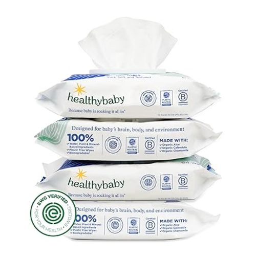 HealthyBaby Our Wet Wipes | EWG Verified Safe | 100% Water & Plant Based | Unscented & Safe for Sensitive Skin | Fragrance Free and Totally Chlorine Free (4 packs, 256 wipes)