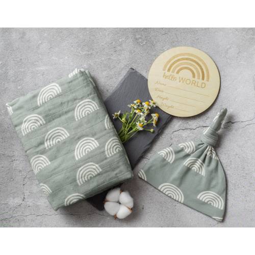 Organic Muslin Swaddle Blanket Set: Sage Green Rainbow, Boho Baby Hat & Birth Announcement Disc