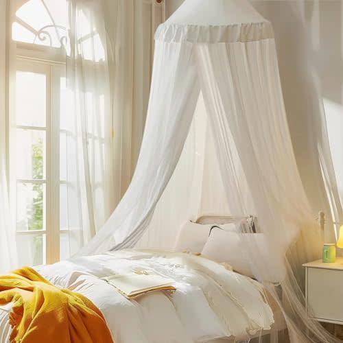 little dove Bed Canopy with Star Lights, Double Layer Canopy for Bed, Princess Play Tent for Girls Room, Breathable Bed Curtain for Children Reading Nook, Machine Washable, 25.6''x 106'', White