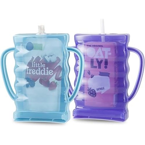 PandaEar 2 Pack Squeeze Proof Food Pouch Holder for Toddlers, Baby Pouch Holder with Handle for Food Pouches and Drink Juice Boxes, Baby Blue/Purple
