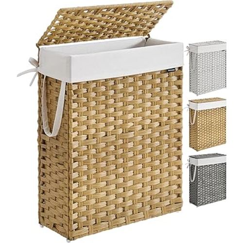 SONGMICS Slim Laundry Hamper with Lid, 14.5 Gallon (55L) Rattan Clothes Laundry Basket with Lid and Handles, Foldable, Removable Liner, Goose Yellow ULCB164N01