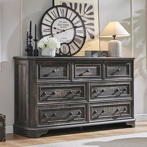 T4TREAM Farmhouse 7 Drawers Dresser for Bedroom, 54" Wide Wood Rustic Chest of Drawers with Natural Texture, Vintage Design, Storage Dressers Organizer for Bedroom, Living Room, Dark Rustic Oak