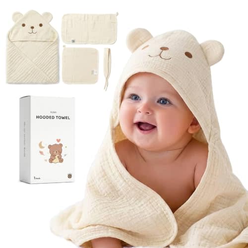 Kcikn Baby Hooded Towels Newborn, 100% Cotton Muslin Large 32"x32" Toddler Bath Towel with Bear Ear Hood & Burp Cloth & Washcloths – Soft Absorbent for 0-24 Months Baby Boy Girl -Beige